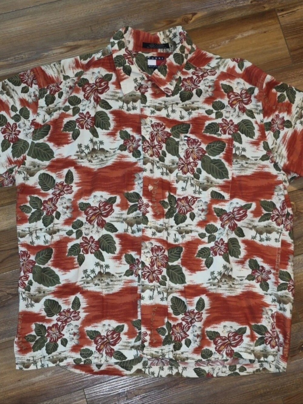 Vintage Tommy Hilfiger Men’s Orange Floral Button-Down Hawaiian Shirt